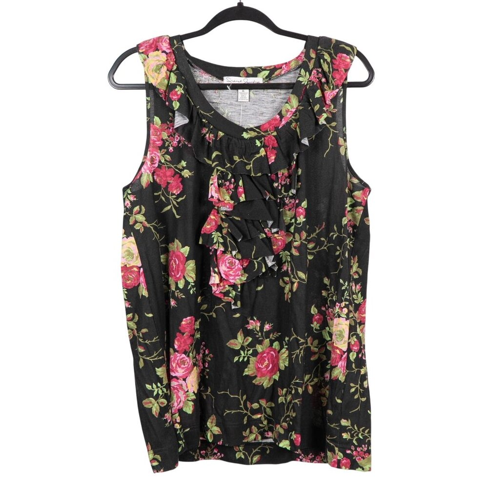 French Laundry Tank Womens XL NEW Floral Ruffled Sleeveless Top Black Pink Shirt